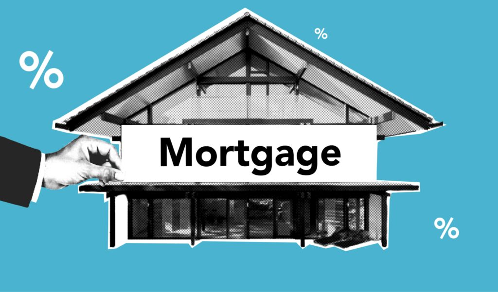 Cutout paper composition of realtor with inscription mortgage over house for purchases with payment of interest on amount of cost